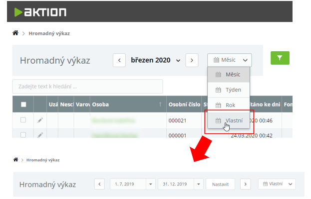 Obr. 22: Nastavení období pro export dat